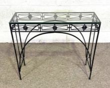 A pair of modern tray topped ‘lead’ style occasional garden tables; a pair of trivet tables and a
