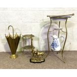 Assorted brass ware, including a Bathroom washstand, with jug and shaving bowl; also a novelty