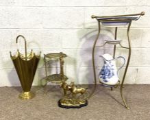 Assorted brass ware, including a Bathroom washstand, with jug and shaving bowl; also a novelty