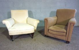 Two vintage armchairs, one with a deep cushioned seat, the other smaller with light pink dot