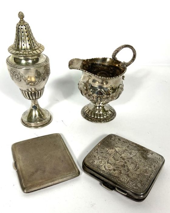 A small group of silver, including a George III silver cream jug, marks rubbed; together with two - Image 2 of 15