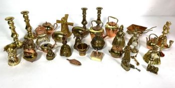 A large group of small brass miniature ornaments, including candlesticks and related items (a lot)