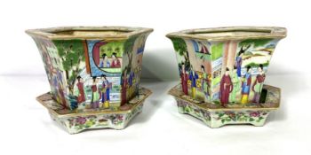 A pair of Chinese Canton Cache Pots or Planters with stands, late Qing dynasty, probably mid to late