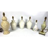 An assortment of modern table lamps, including a Green Onyx urn shaped lamp; a ceramic twisted urn