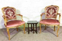 A pair of Louis XVI style upholstered armchairs, currently upholstered in pink and a small Chinese