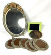 A vintage table mirror, with decorative rose surmount; together with assorted items including a a