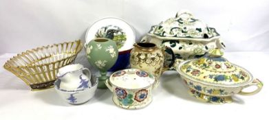 A large assortment of ceramics, including a large Staffordshire creamware tureen