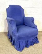 A Victorian small armchair, with arch topped back, with blue loose cover and replaced ball castors