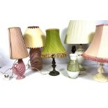 A group of assorted table lamps, including an urn shaped floral vase by Royal Crown Derby,