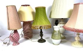 A group of assorted table lamps, including an urn shaped floral vase by Royal Crown Derby,