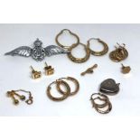 Assorted gold, yellow metal and silver, including a pair of 9 carat gold ear hoops, marked 375, 0.