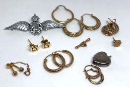 Assorted gold, yellow metal and silver, including a pair of 9 carat gold ear hoops, marked 375, 0.