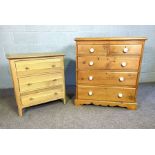 An Edwardian stripped pine chest of drawers; together with another chest of drawers and small