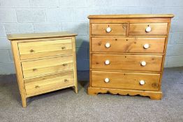 An Edwardian stripped pine chest of drawers; together with another chest of drawers and small
