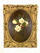 Stuart Park, Scottish (1862-1933), Still life of Yellow and Pink roses, oval, oil on canvas,