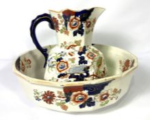 A Victorian Mason’s ironstone wash jug and bowl, decorated with Imari pattern flowers; together with