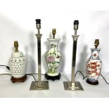 Five assorted decorative table lamps, including a baluster vase decorated with Chrysanthemum (5)