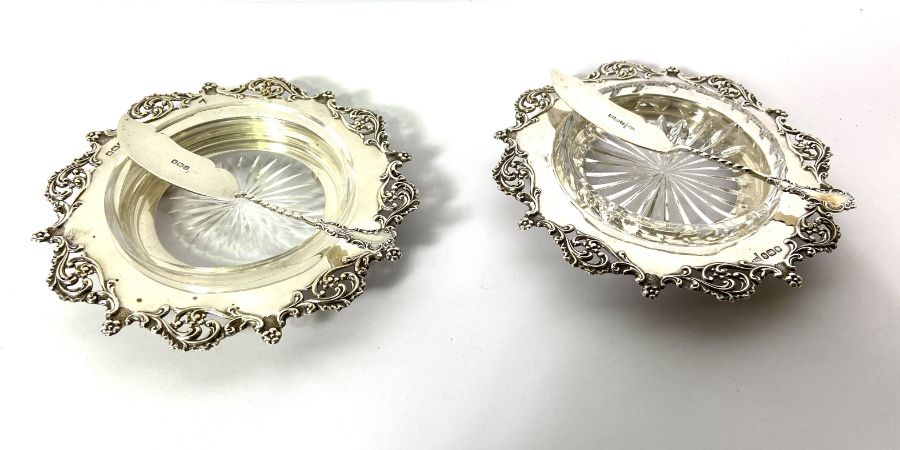 A pair of Edwardian silver butter dishes, hallmarked Sheffield 1908, Walker & Hall, each with a - Image 2 of 6