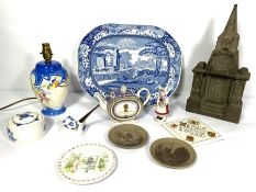 A selection of decorative ceramics, including a Staffordshire blue and white meat dish, inscribed