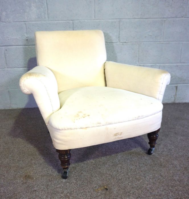 Two vintage armchairs, one with a deep cushioned seat, the other smaller with light pink dot - Image 3 of 10