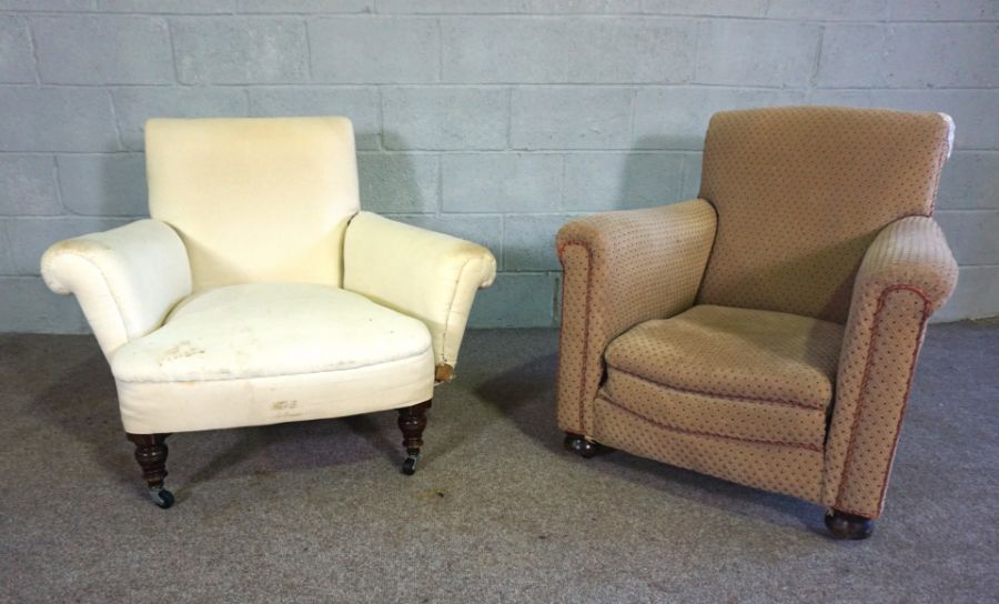 Two vintage armchairs, one with a deep cushioned seat, the other smaller with light pink dot - Image 2 of 10
