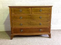 A vintage chest of drawers, with two short and three long chequer banded drawers