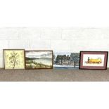 A group of assorted pictures and prints, including a watercolour of a church; a west coast beach