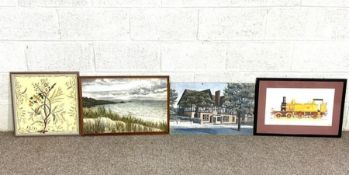 A group of assorted pictures and prints, including a watercolour of a church; a west coast beach