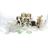 A mixed group of ceramics and glass, including a pair of Staffordshire pottery spaniels; four