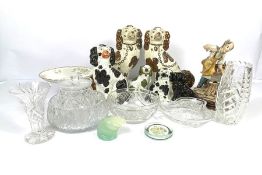 A mixed group of ceramics and glass, including a pair of Staffordshire pottery spaniels; four