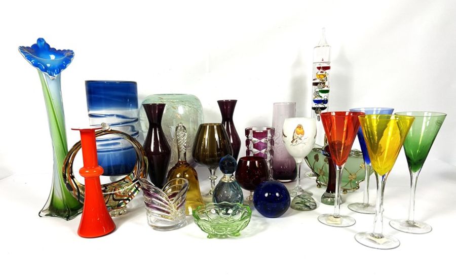 Assortment of coloured glass, including a large smoky glass goblet, four wine goblets, a barometer - Image 2 of 8