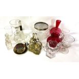 A collection of assorted glassware, including a Cranberry glass vase and jug; a cut glass rosebowl