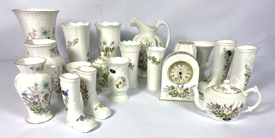 A large collection of Aynsley 'Wild Tudor' fine bone china, including tea wares, a clock, jugs,