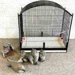 A modern large wirework bird cage, together with some modern Duck decoys and an small button