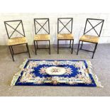 A small modern French style rug, with blue ground; and four modern rush seated chairs (5)