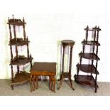 Assorted furniture, including two whatnots, a plant stand, nest of tables and two standard lamps (