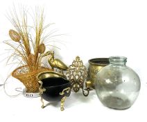 A selection items including a Georgian style brass coal bucket; a glass carboy type bottle vase; a
