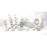 A selection of assorted decorative glassware, including ‘crystal’ candlesticks, assorted bowls and