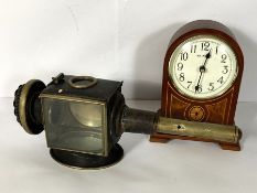 A small Regency style mantel clock, with arched case, 26cm high; together with brass and painted