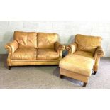 A vintage leathered two seat settee with a matching chair and pouffe (3)