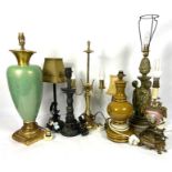 A group of assorted decorative table lamps, including a French style gilt metal urn lamp base and an