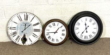 Three modern wall clocks, one 'caseless' with Roman numerals (3)