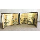 Two Japanese painted three fold screens, one decorated with birds and flowers, the other with a