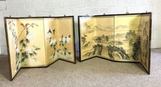 Two Japanese painted three fold screens, one decorated with birds and flowers, the other with a