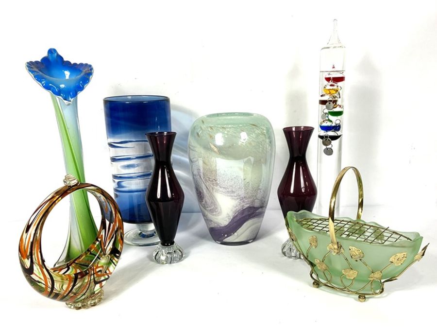 Assortment of coloured glass, including a large smoky glass goblet, four wine goblets, a barometer - Image 3 of 8