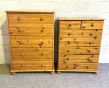 A group of pine bedroom furniture, modern, including two tall pine chests of drawers; a blanket