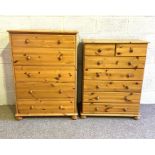 A group of pine bedroom furniture, modern, including two tall pine chests of drawers; a blanket