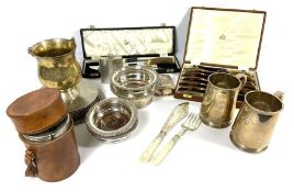 A group of miscellaneous silver & silver plate, including a leather cased triple spirit flask,