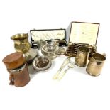 A group of miscellaneous silver & silver plate, including a leather cased triple spirit flask,