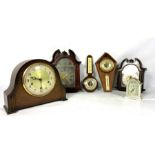 A late Victorian oak cased aneroid barometer/ thermometer, 81cm high; together with small group of